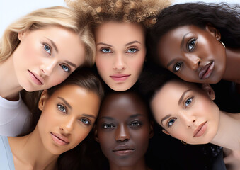 Obraz premium Group portrait of diverse beautiful young women on white background.Macro.AI Generative.