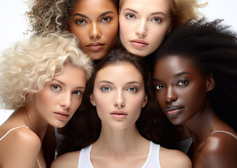 Group portrait of diverse beautiful young women on white background.Macro.AI Generative.