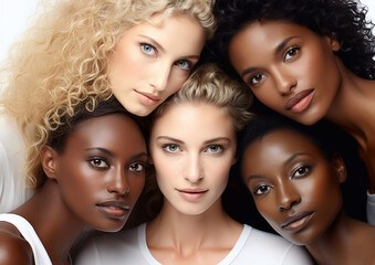 Obraz premium Group portrait of diverse beautiful young women on white background.Macro.AI Generative.