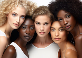 Obraz premium Group portrait of diverse beautiful young women on white background.Macro.AI Generative.
