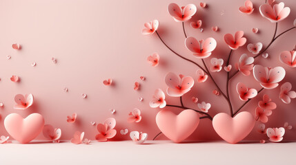 Valentine day background of a stylized tree with leafs like butterflies and some big chubby pink hearts with a soft pastel pink gradient - obrazy, fototapety, plakaty