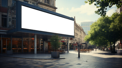 Very Wide White Billboard on old shopping Buildings into an European empty streets during the day with a cloudy sky