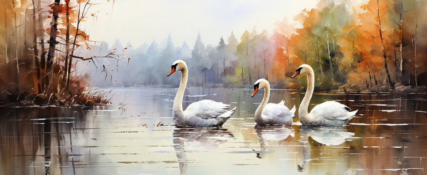 Watercolor painting trees and leaves tropical forest lake with a pair of white geese in vintage style for wall painting High quality photo