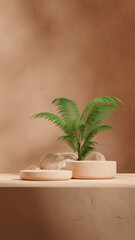 brown terrazzo textured podium in portrait palm tree and rocks, 3d render image mockup template
