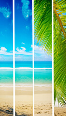 Summer vacation and travel. Photo collage of tropical sea, beach and palms tree.
