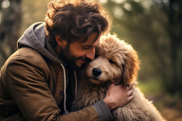 a man hugs a dog