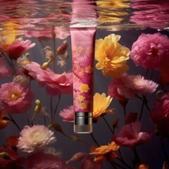 Stylish cosmetic tube floating among pink blooming flowers on a reflective water surface, showcasing elegance