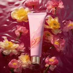 Luxurious beauty product elegantly presented among flowers floating on textured crimson water surface