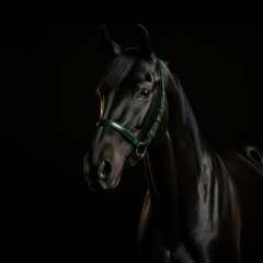 Fototapeta premium Elegant portrait of a majestic black horse with a glossy coat on a dark, moody background