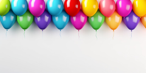 A white wall decorated with colorful 3D balloons . A wall for a photo shoot. Banner. Copy space.