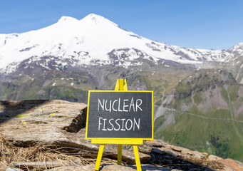 Nuclear fission symbol. Concept words Nuclear fission on beautiful black chalk blackboard....