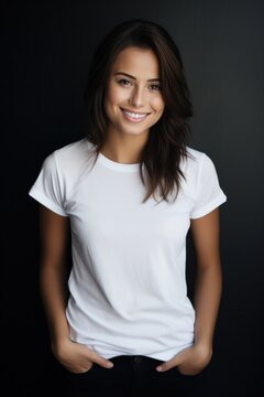 Portrait of a radiant smiling woman wearing a white t-shirt against a dark backdrop, suggesting casual elegance