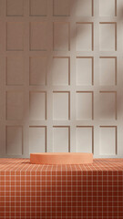 in portrait terracotta tile floor and beige wall, 3d render empty scene orange textured podium
