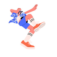 Obraz premium Young people dance, funny move with music on party. Happy guy hearing, listening to audio record in headphones. Teen man in earphones sings song. Flat isolated vector illustration on white background