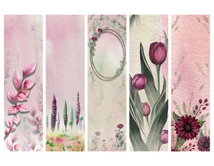 5 Watercolor Bookmarks with Magenta Flower Illustrations on Letter size with a Transparent Background, Hand-painted Flower Art, Tulips, Pink Garden, 2x7 inches