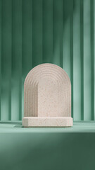 empty mockup textured terrazzo podium in portrait arch shape and curved green wall, 3d render
