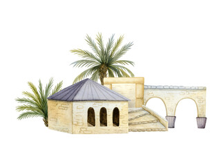 Old stone houses with palm trees, stairs and arches watercolor illustration isolated on white. Oriental scene with vintage beige city quarter. Mediterranean Romanian Europe ancient architecture