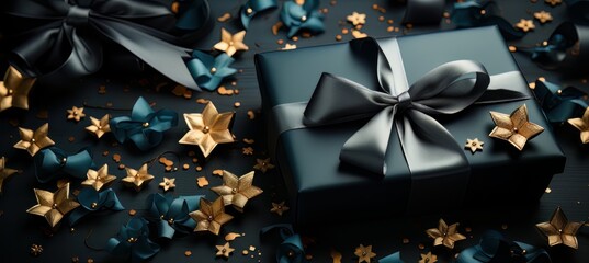 Gift box with black ribbon and bow.