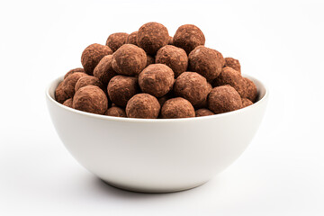 a bowl of chocolate balls on a white surface
