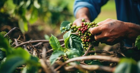 Farmer picking and harvesting red coffee beans in the field - obrazy, fototapety, plakaty