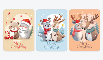 Fototapeta premium Christmas Card Set With Cute Animal Couples Vector Illustration