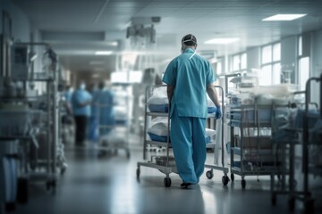 Long exposure photo of a nurse or doctor wearing a mask in a hospital corridor, concept of busyness in a hospital