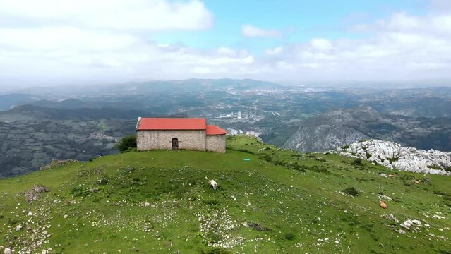 Monsacro and its chapels, Asturian sacred mountain, located in the heart of the Asturian Central Mountain,  Aramo mountain, aerial view