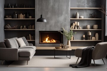 Corner couch by fireplace against wall with shelves. Scandinavian home interior design of modern living room