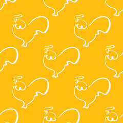 Seamless pattern with roosters illustration in line art style yellow and white