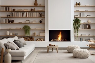 Corner couch by fireplace against wall with shelves. Scandinavian home interior design of modern living room