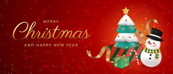 Merry Christmas and Happy New Year. Christmas banner. A Xmas tree in gift box with ornaments around the red background. Vector illustration