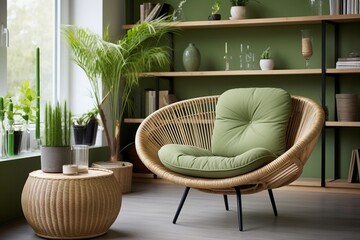Green lounge chair and round coffee table. home interior design of modern living room - obrazy, fototapety, plakaty