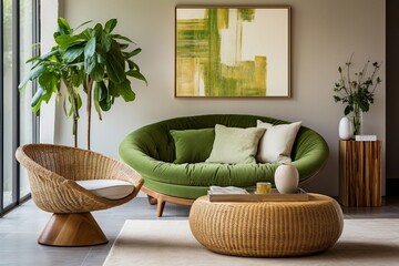 Green lounge chair and round coffee table. home interior design of modern living room