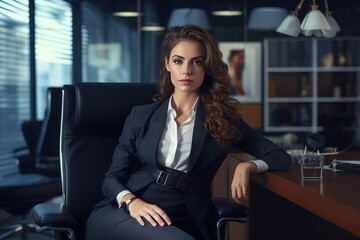 horizontal portrait of an elegant business woman seated at her office desk AI generated