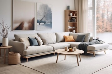 couch against wall with shelves. Scandinavian home interior design of modern living room