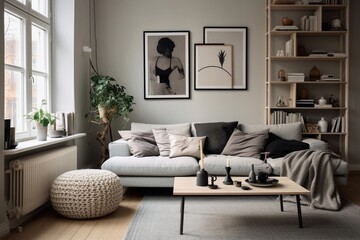 couch against wall with shelves. Scandinavian home interior design of modern living room