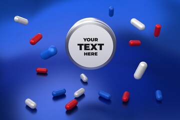 medicine can, blue white and red tablets, place for adding text, empty label - 687910317