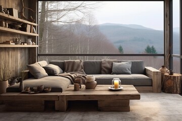 living room with Rustic aged barn wood coffee table