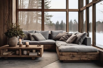 living room with Rustic aged barn wood coffee table