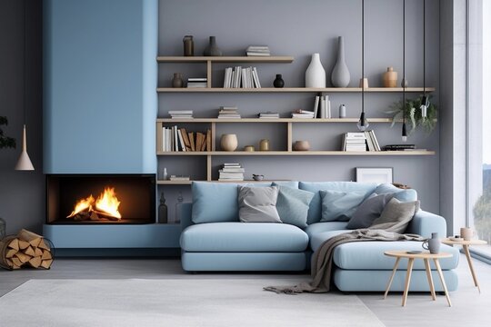 modern blue living room with fireplace