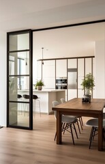 kitchen and dining room seperated by glass door