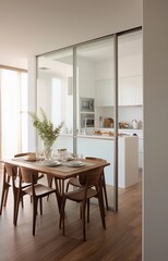 kitchen and dining room seperated by glass door