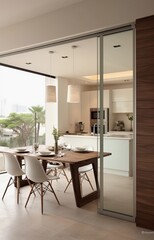 Fototapeta premium kitchen and dining room seperated by glass door