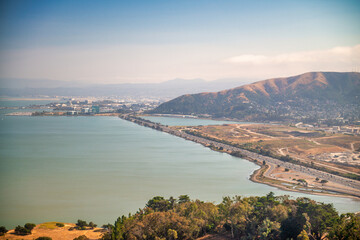 Aerial view of San Francisco outskirts and countryside on a sunny day, California