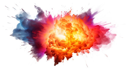 Fototapeta na wymiar Realistic fiery explosion with colorful streaks. Large fireball with black smoke on white background.