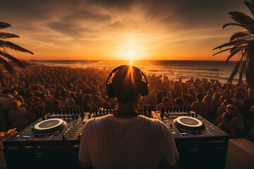 From the DJ's perspective, overlooking a crowd at a beach party with sunset background, capturing a...