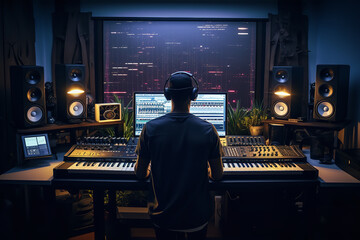  A DJ in a home studio environment, creatively engaged with synthesizers and monitors, depicting an intimate music-making setting.
