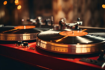  Retro-themed DJ party setup with vinyl records and classic turntables, creating a nostalgic, vintage atmosphere.
 - obrazy, fototapety, plakaty