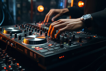 Detailed close-up of a DJ's hands tweaking knobs on a modern DJ controller, highlighting precision...