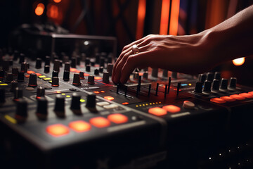 Close-up of a DJ's hand skillfully adjusting a sound knob on a mixer, emphasizing control and professionalism in music mixing.

